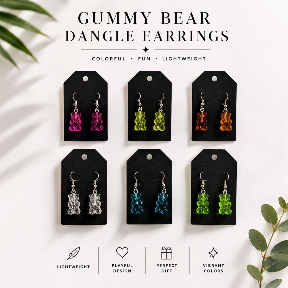 Handmade Opaque Gummy Bear Drop Earrings Y2K Colorful Candy Dangle 6 Pairs